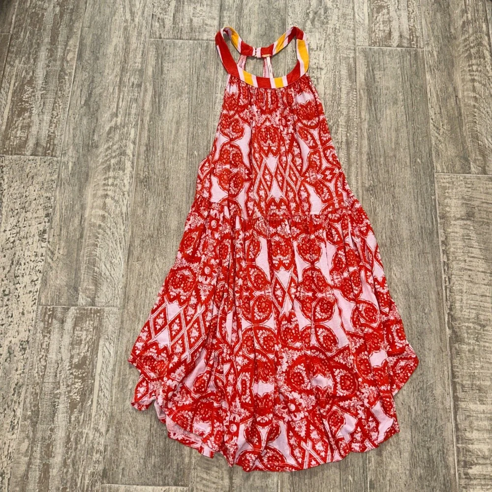 Free People Red Pink Medallion Print Halter Mini Dress Racerback Striped Trim L